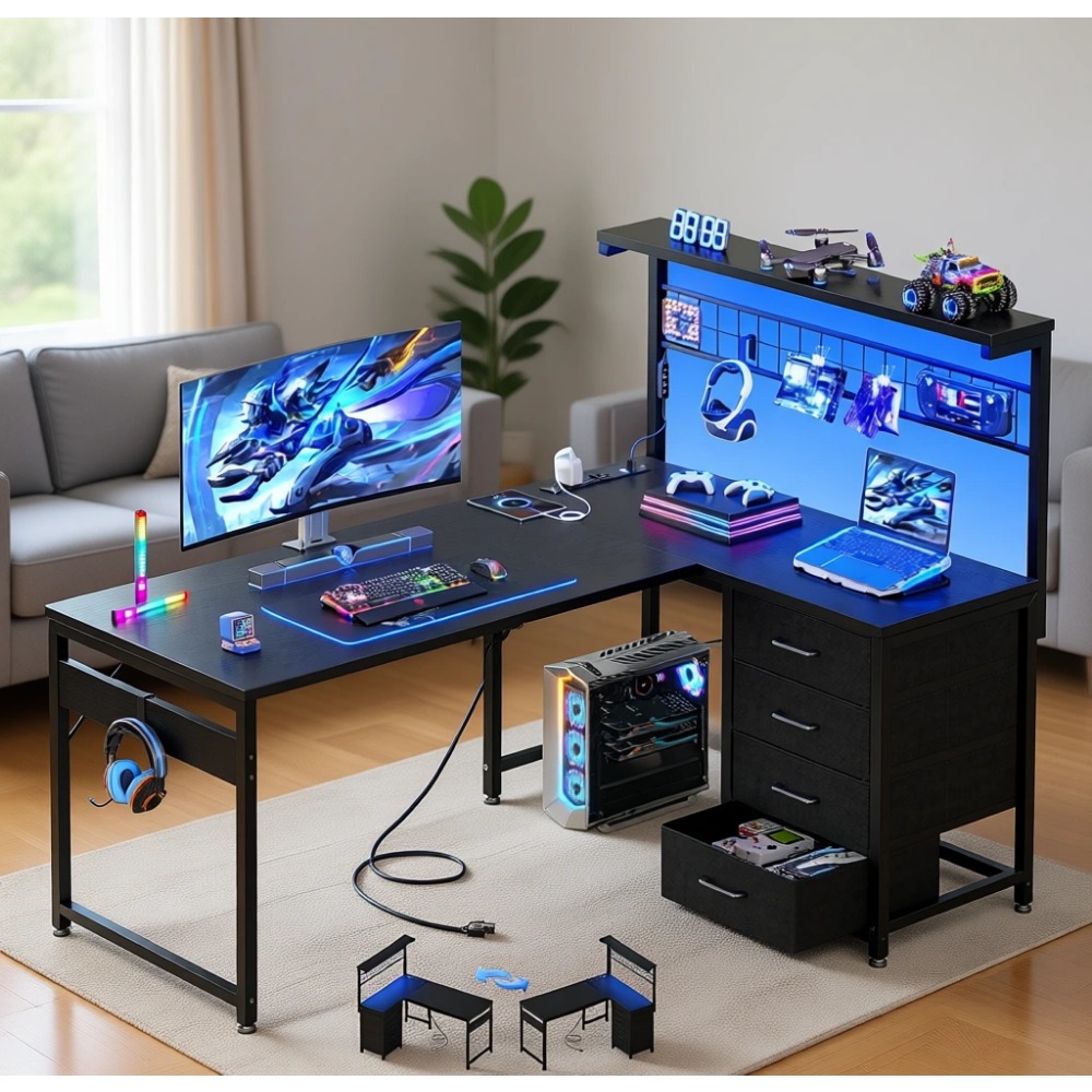 Gaming Desk With Hutch - Meja Gaming Bentuk L dengan Rak,