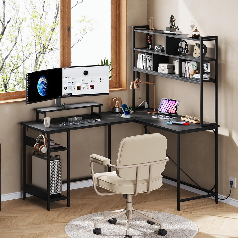 Meja Gaming Bentuk L dengan Ra - Gaming Desk With Hutch ulasan dan harga