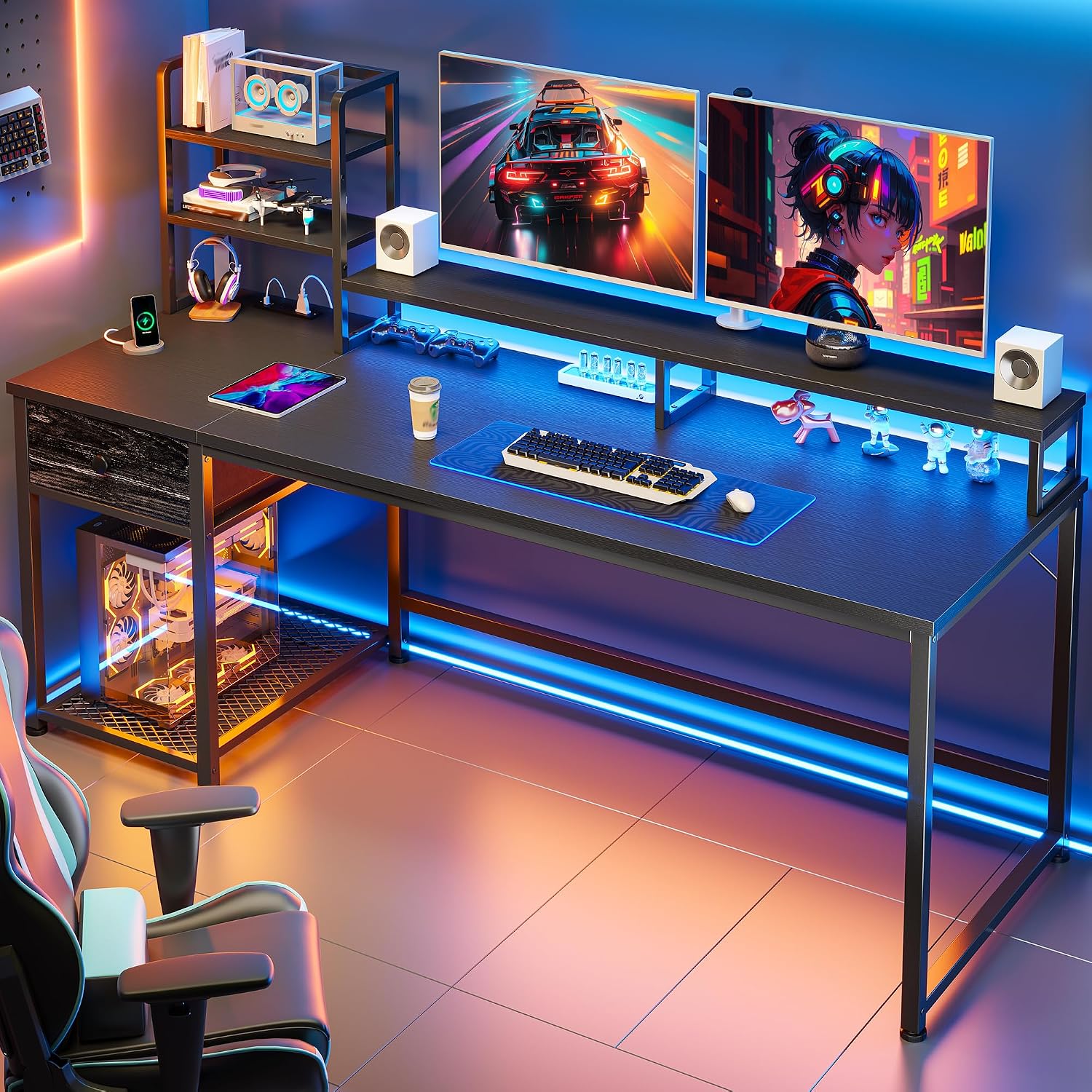 Meja Gaming dengan Rak & Laci, - Gaming Desk With Hutch ulasan dan harga